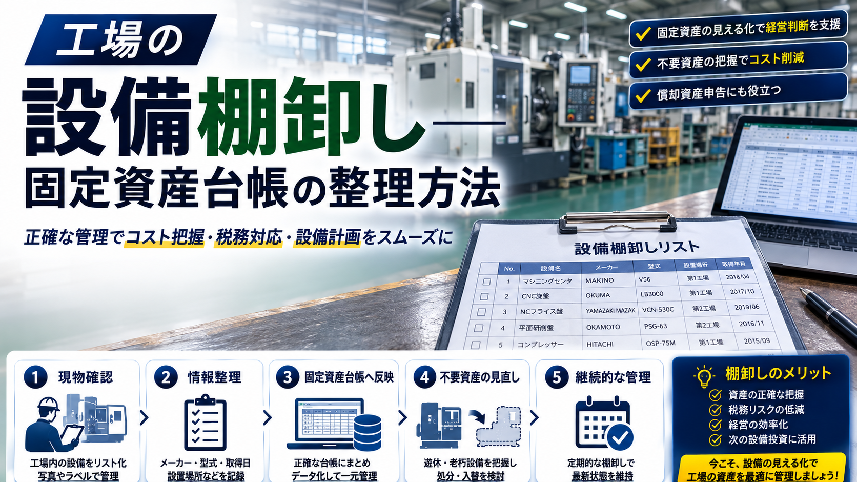 工場の設備棚卸し・固定資産台帳整理方法 インフォグラフィック