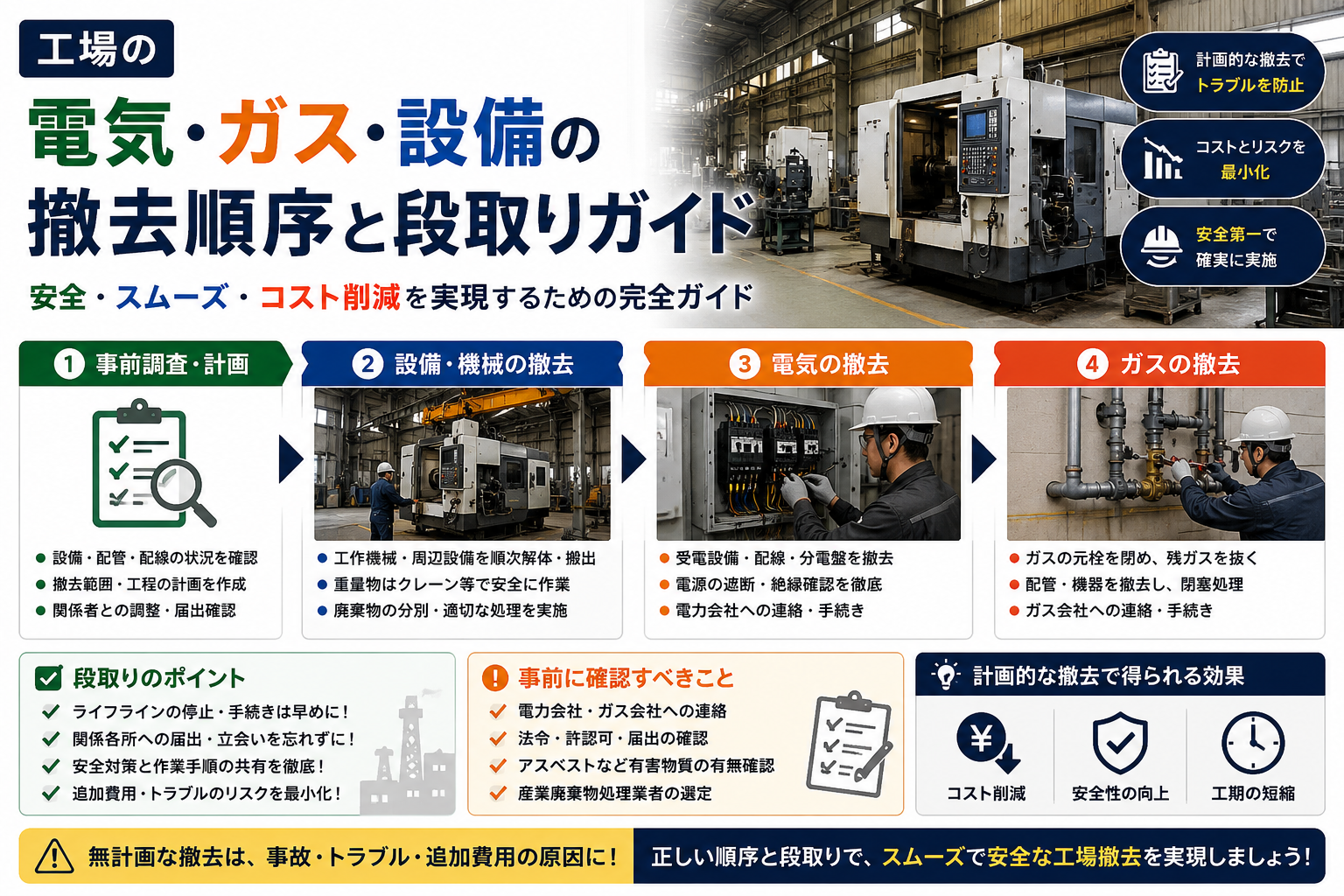 工場の電気・ガス・設備の撤去順序と段取りガイド インフォグラフィック