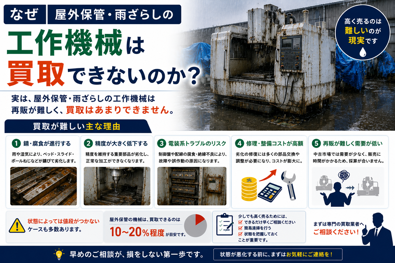 屋外保管・雨ざらしの工作機械は買取できないのか 買取が難しい理由