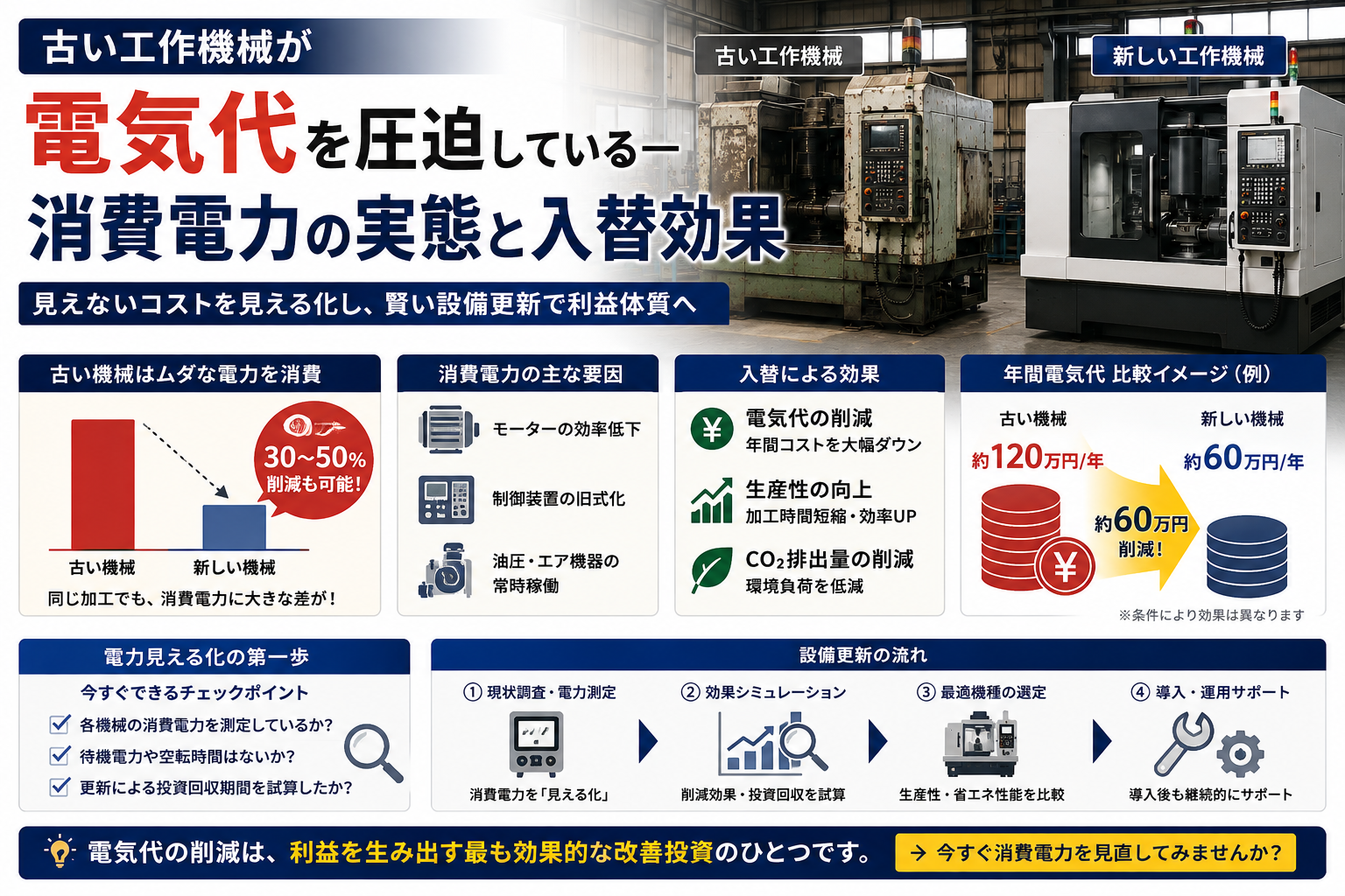 古い工作機械が電気代を圧迫している 消費電力の実態と入替効果 インフォグラフィック