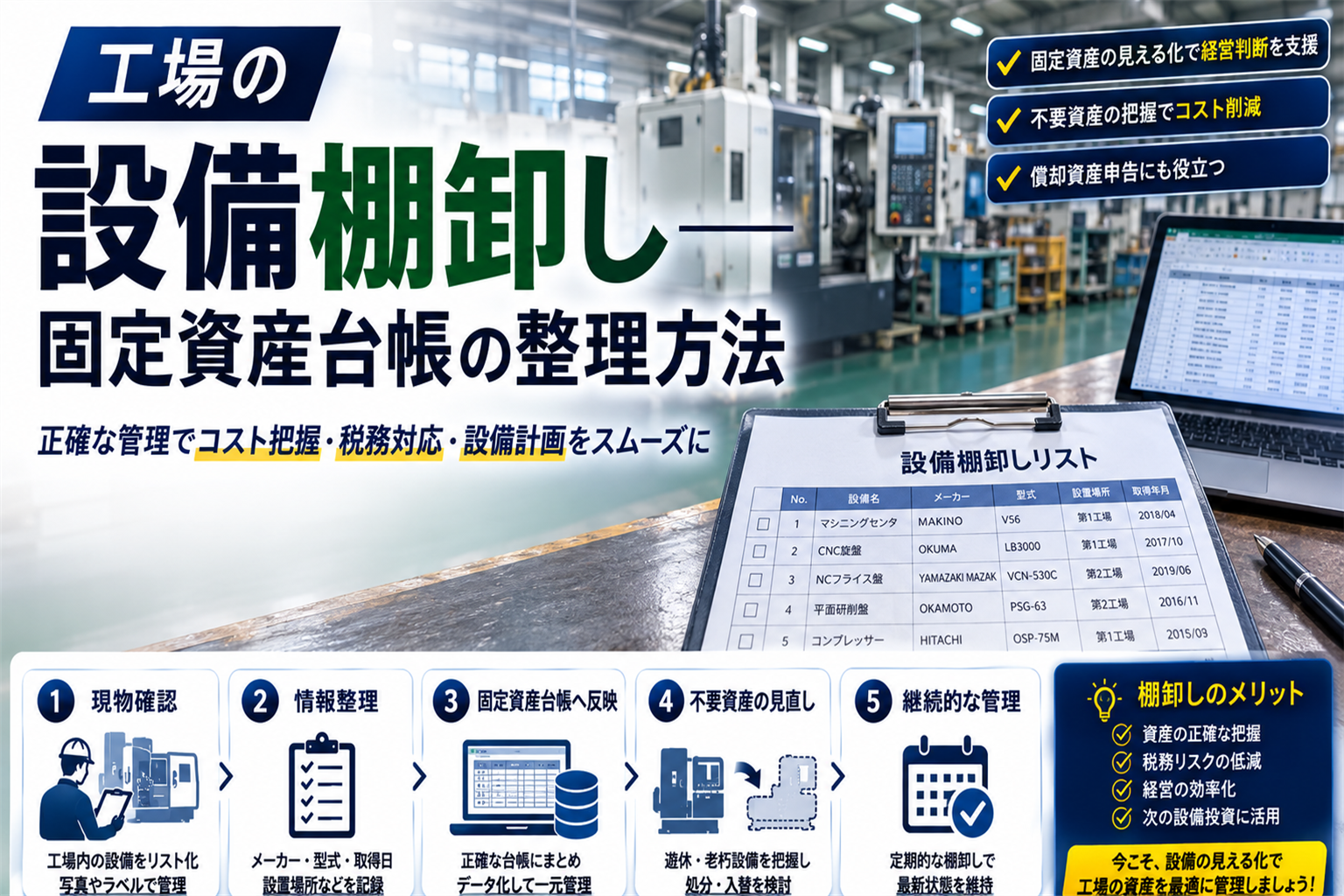 工場の設備棚卸し・固定資産台帳整理方法 インフォグラフィック